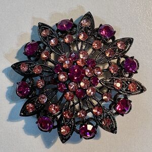 MJ Pink Rhinestone Flower Brooch Black Metal Filigree Layered Vintage Style